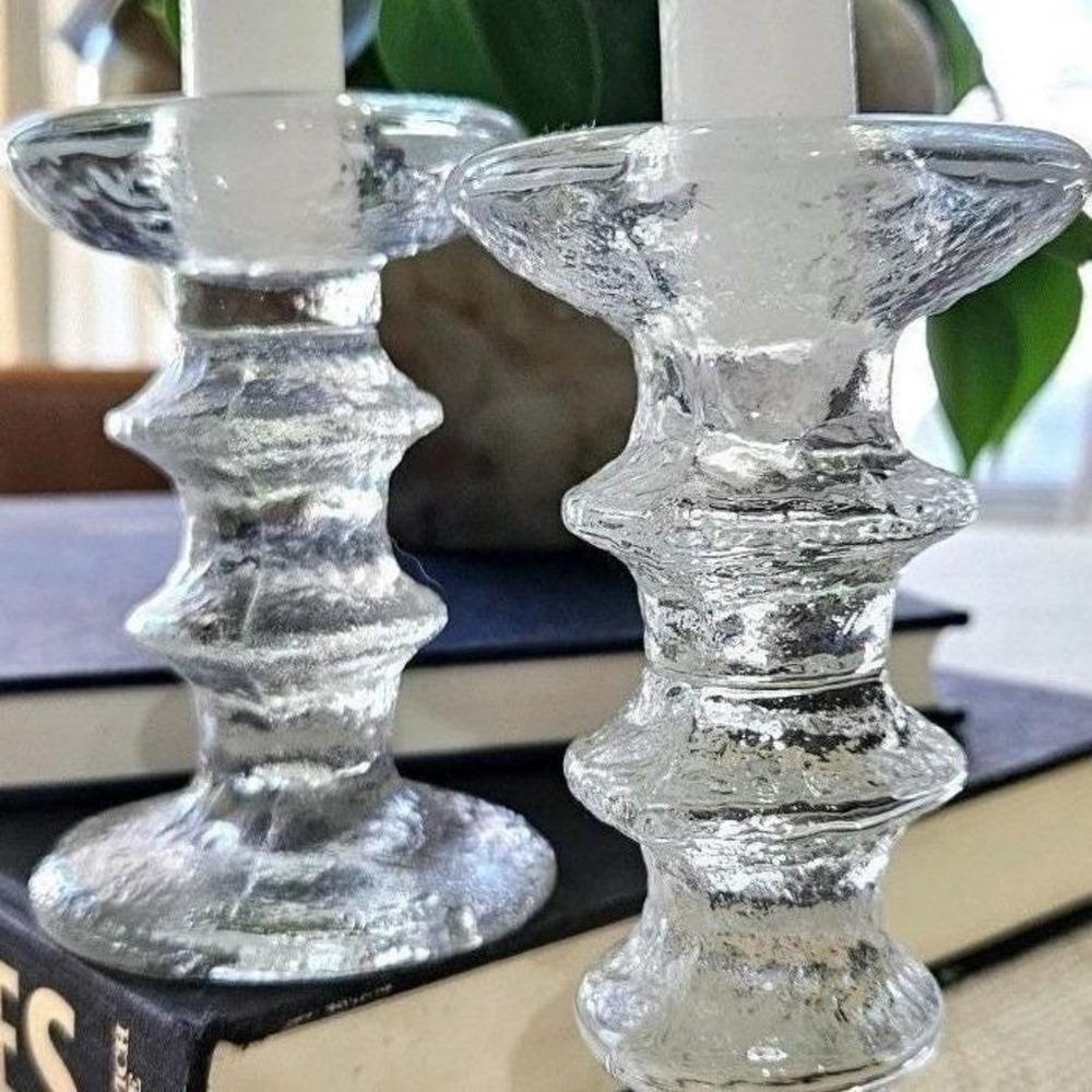Scandinavian Ice Glass Candle Holders Pair Heavy Textured Block Glass MCM - Picture 1 of 6